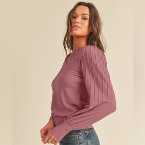 Sioni Mauve Crewneck Sweater with Long Semi Sheer Pleated Sleeves Size S
